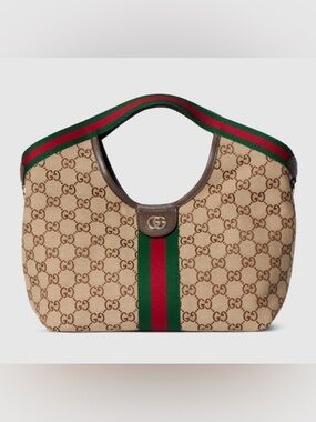 Fashion Bag Beige GG Canvas Tote with Green and Red Web Stripe